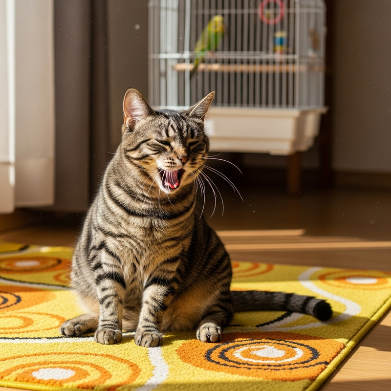 Adorable Tabby Cat Yawning on Vibrant Rug - Delightful Moment Adorable Tabby Cat Yawning on Vibrant Rug - Delightful Moment