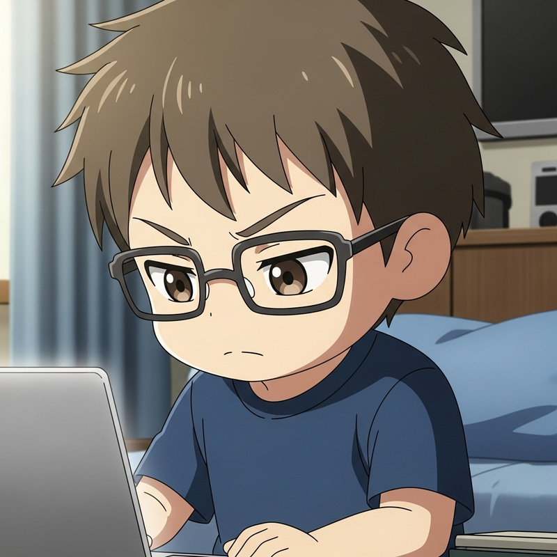 Anime Boy Working on Laptop in Dark Blue T-Shirt Anime Boy Working on Laptop in Dark Blue T-Shirt