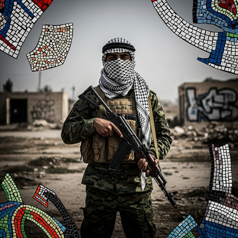 Confident Guerrilla Soldier in Barren Wasteland with Abstract Graffiti Confident Guerrilla Soldier in Barren Wasteland with Abstract Graffiti