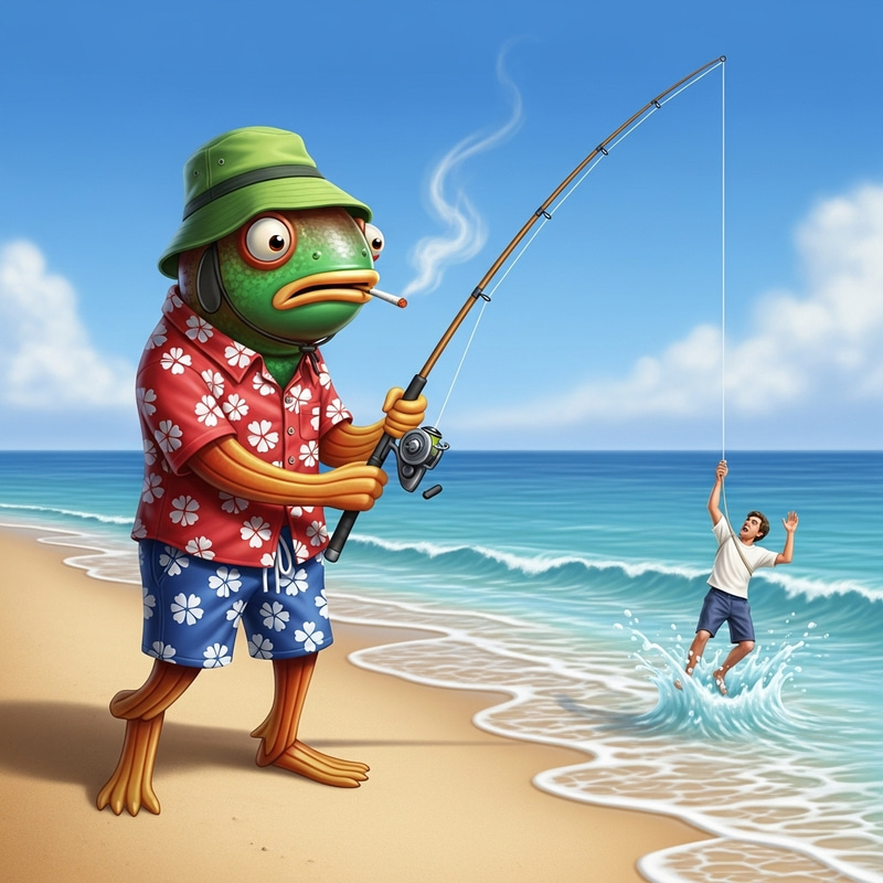 Fishing Fish in Tropical Outfit at Seashore | Unique Illustration Fishing Fish in Tropical Outfit at Seashore | Unique Illustration