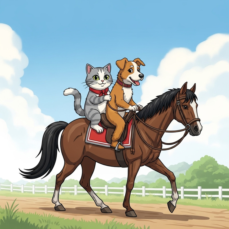 Cat and Dog Riding on Horse