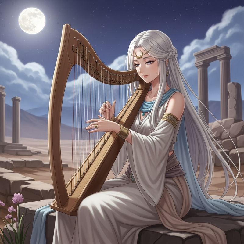 Serenity of the Moon: Anime Style Woman Playing Harp in Ancient Ruins Serenity of the Moon: Anime Style Woman Playing Harp in Ancient Ruins