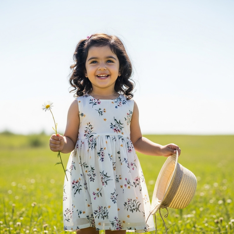Adorable Middle Eastern Girl in White Dress with Daisy in Sunny Field