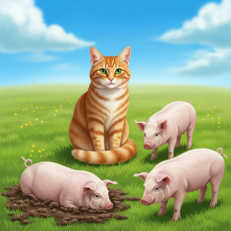 Adorable Cat and Pigs Frolicking Together