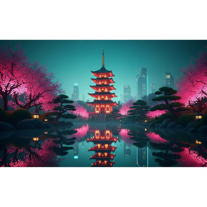 Serene Japanese Garden at Twilight: Cyberpunk Aesthetic Scene