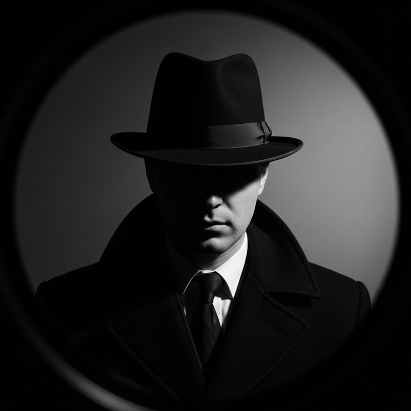 Shadowy Enigma: Stylish Film Noir Figure & Vintage Camera Capture Shadowy Enigma: Stylish Film Noir Figure & Vintage Camera Capture