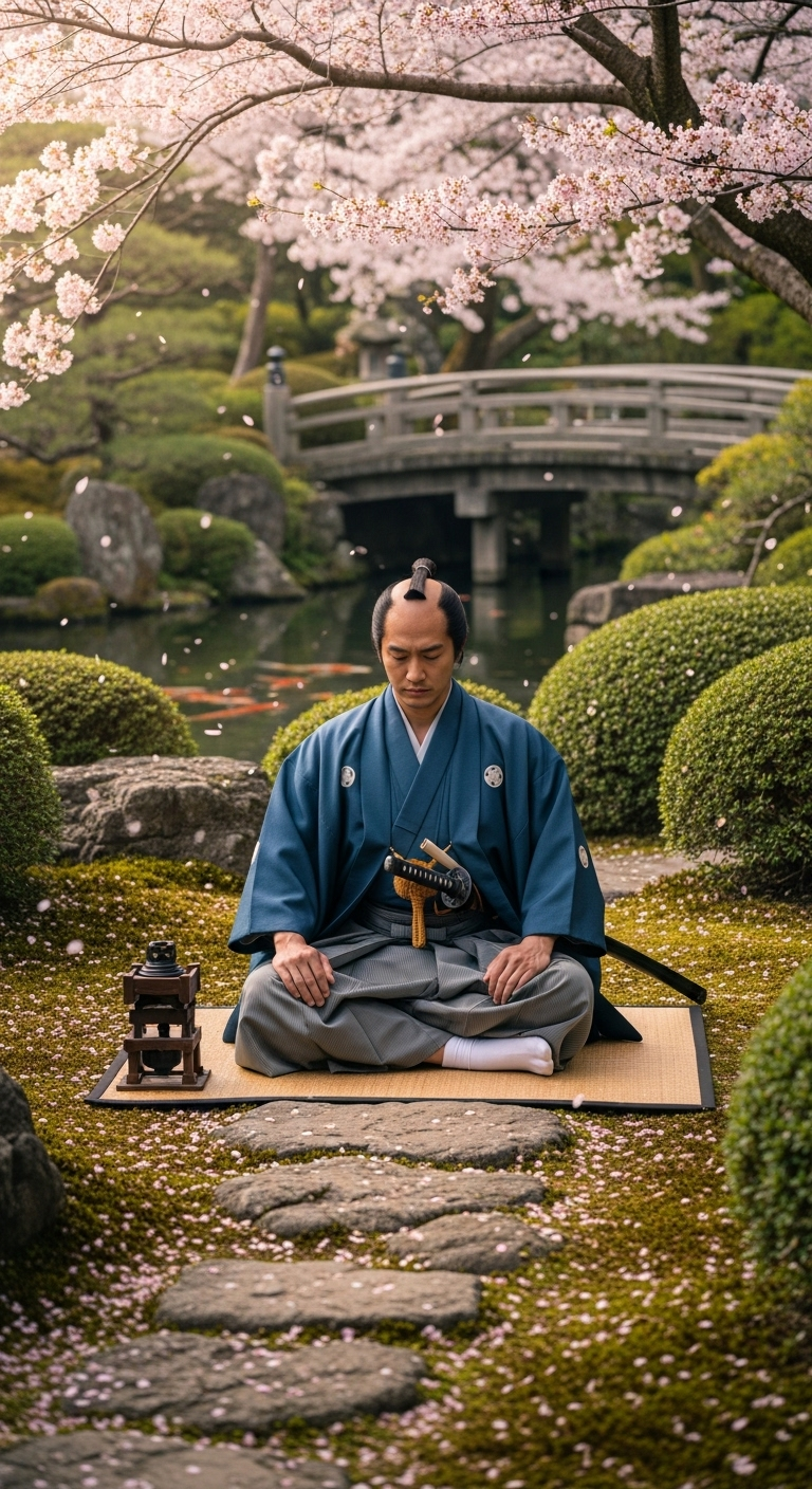 Japanese Samurai Meditating in Cherry Blossom Garden Japanese Samurai Meditating in Cherry Blossom Garden