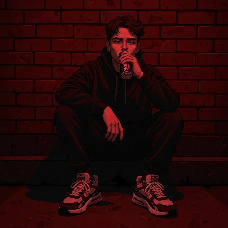Brooding Man in Dark Clothing Sipping Energy Drink in High-Contrast Style Brooding Man in Dark Clothing Sipping Energy Drink in High-Contrast Style