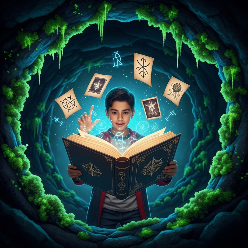 Magical Adventure: Hispanic Boy in Enchanted Cave Magical Adventure: Hispanic Boy in Enchanted Cave