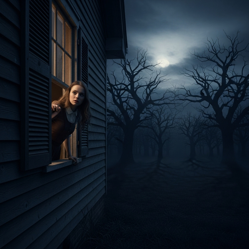 Southern Gothic Girl Peering out Window at Night in Creepy Forest Southern Gothic Girl Peering out Window at Night in Creepy Forest