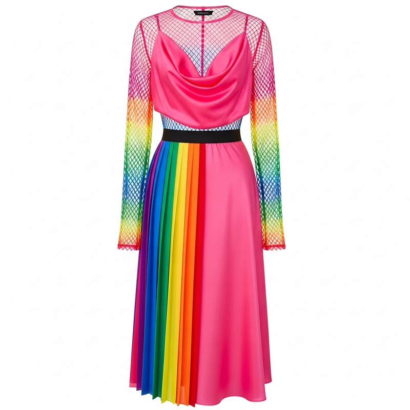 Neon Pink Silk Top with Mesh Cover-Up and Rainbow Skirt Ensemble Neon Pink Silk Top with Mesh Cover-Up and Rainbow Skirt Ensemble