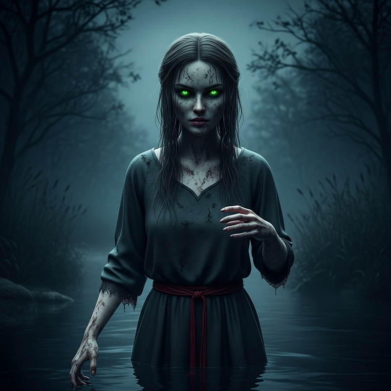 Eerie Rusalka: Mythical Female Figure by Dark River at Night