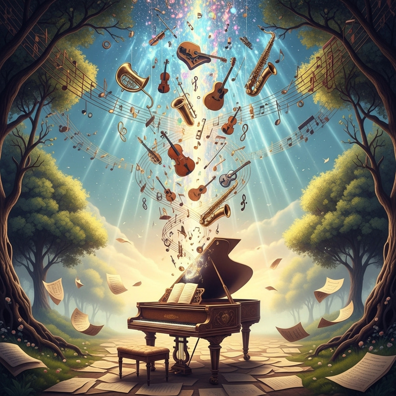 Dreamy Music Image with Grand Piano and Musical Instruments Dreamy Music Image with Grand Piano and Musical Instruments
