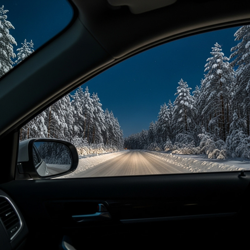 Night Winter Forest View from Car Window Night Winter Forest View from Car Window