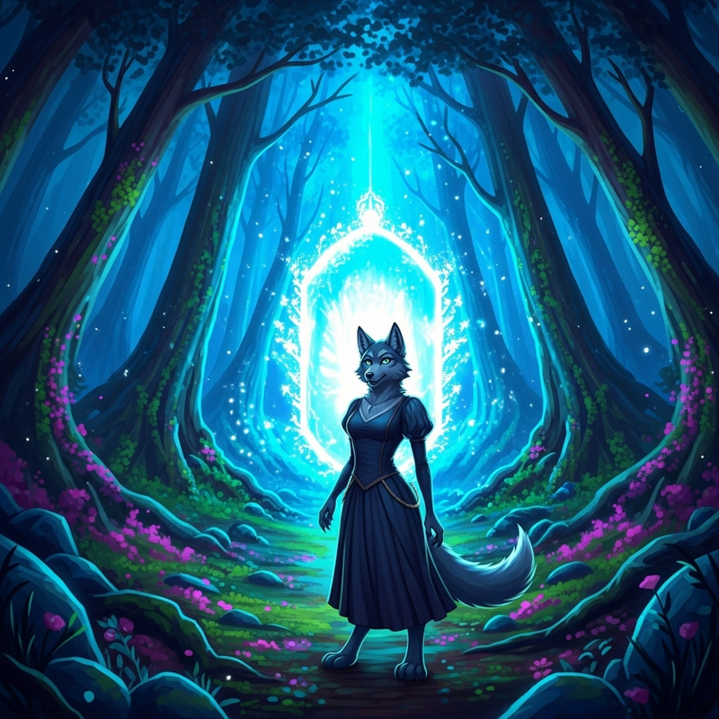Enchanting Mystical Forest with Glowing Portal and Anthropomorphic Female Wolf Enchanting Mystical Forest with Glowing Portal and Anthropomorphic Female Wolf