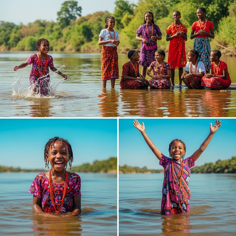Serenity of a River: Young Girls Celebrating by the African Riverbank Serenity of a River: Young Girls Celebrating by the African Riverbank