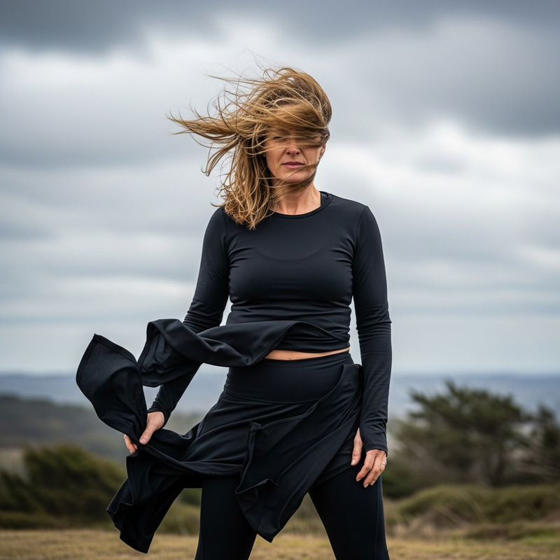 Blonde Woman in Black Athletic Outfit on Windy Day