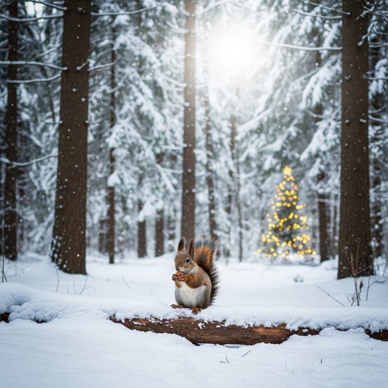 Adorable Christmas Squirrel in Winter Woodland Scene Adorable Christmas Squirrel in Winter Woodland Scene