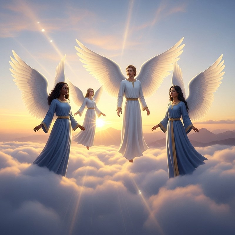 Heavenly Angels: Serene and Diverse Ethereal Beings in Fluffy Clouds Heavenly Angels: Serene and Diverse Ethereal Beings in Fluffy Clouds