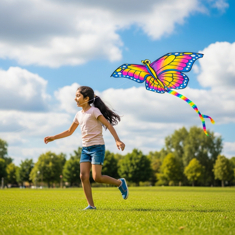 Happy South Asian Girl with Butterfly Kite in Park Happy South Asian Girl with Butterfly Kite in Park