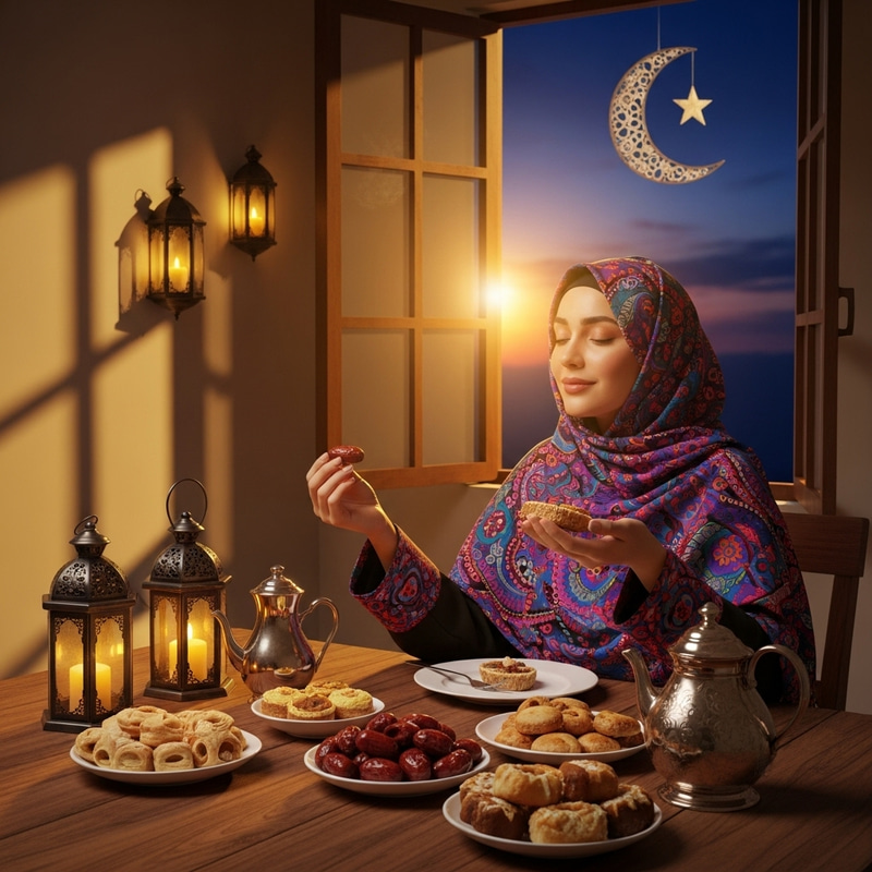 Middle-Eastern Woman in Vibrant Hijab Celebrating Ramadan at Festive Table Middle-Eastern Woman in Vibrant Hijab Celebrating Ramadan at Festive Table