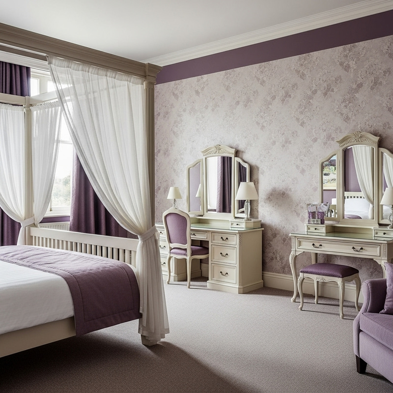Luxurious Four-Poster Bed and Vanity Room in Purple and White Luxurious Four-Poster Bed and Vanity Room in Purple and White