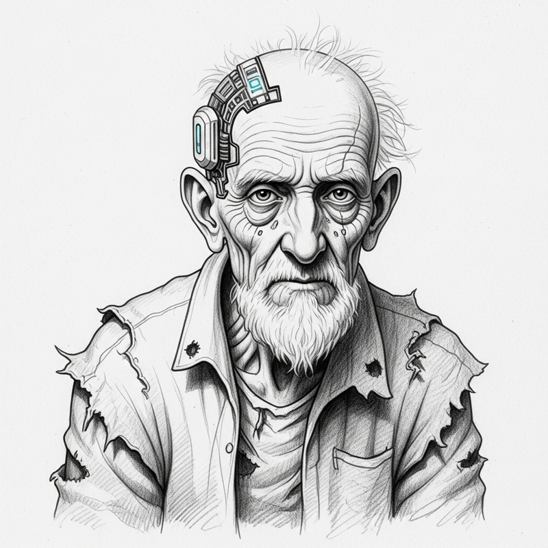 Futuristic Elderly Man with Cybernetic Implant Sketch in 2500 Futuristic Elderly Man with Cybernetic Implant Sketch in 2500