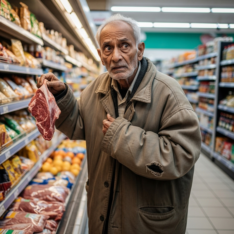 Elderly Man in Grocery Store Picking Up Meat