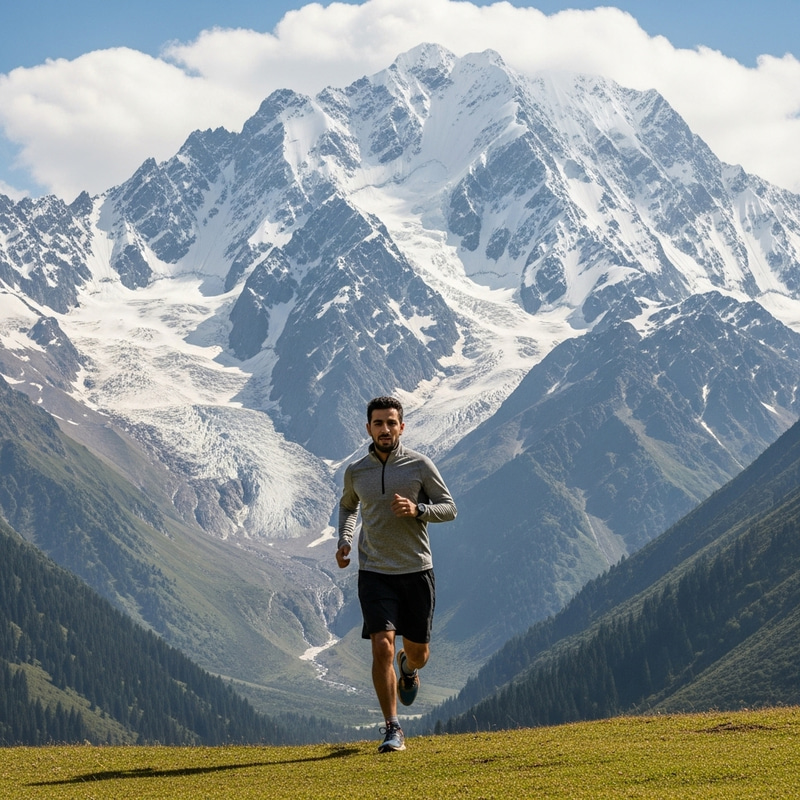 Man Running Towards Majestic Mountain