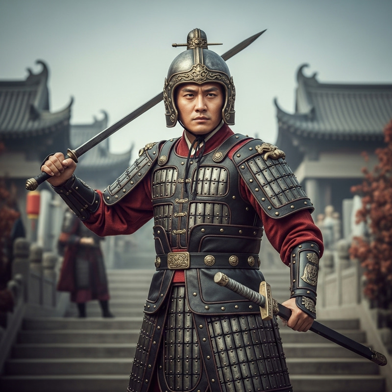 Confident East Asian Male Warrior in Traditional Chinese Attire Confident East Asian Male Warrior in Traditional Chinese Attire
