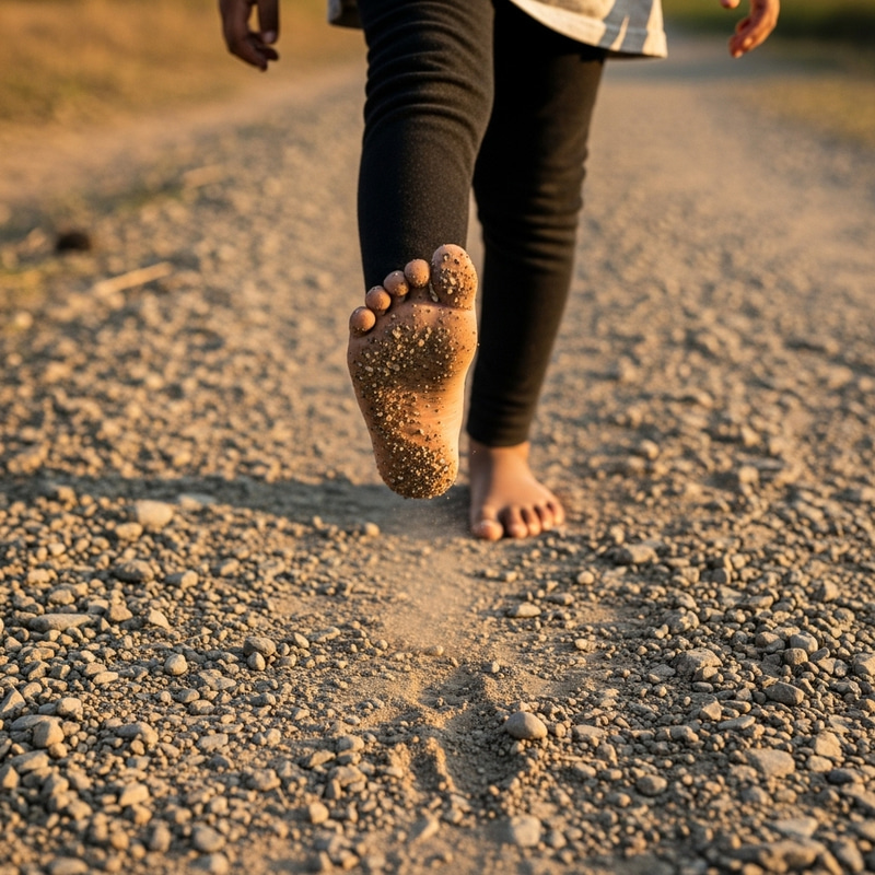 South Asian Girl Displaying Dirty Feet Walking on Gravel South Asian Girl Displaying Dirty Feet Walking on Gravel