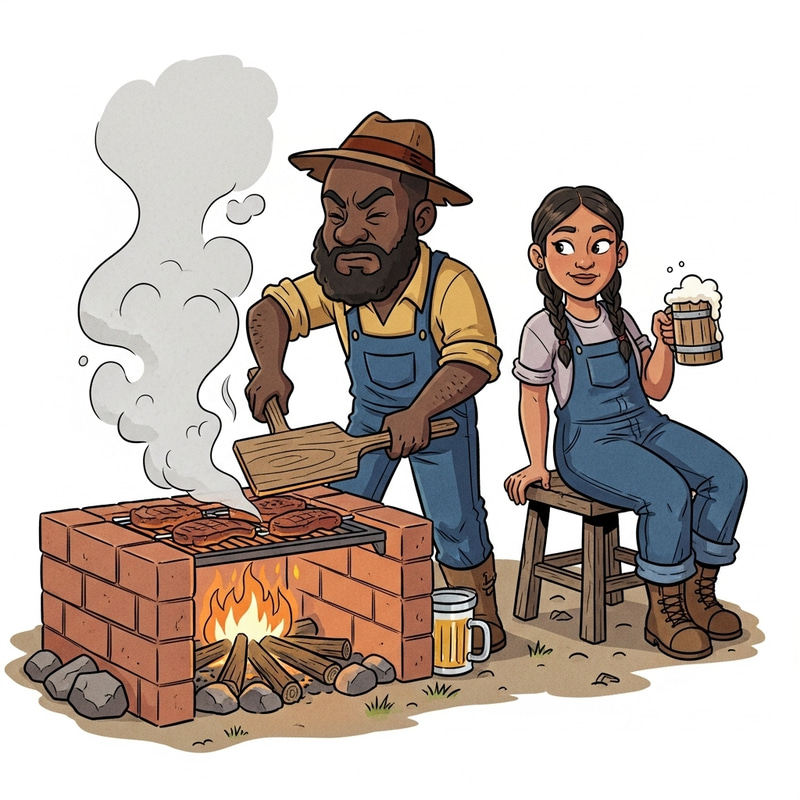 Two Cartoon Hillbillies Smoking Meat on Brick BBQ Pit