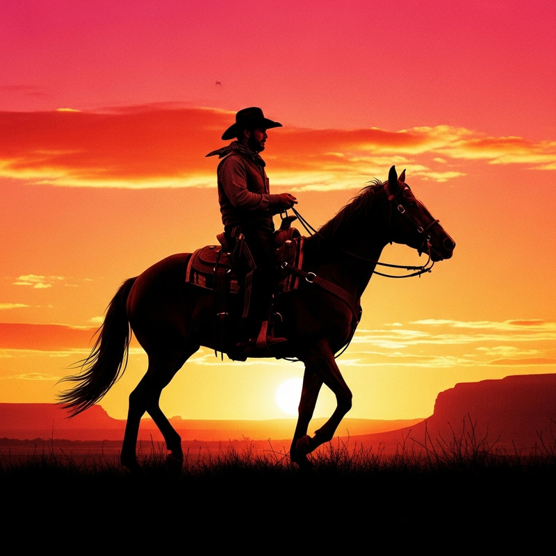 Cowboy Silhouetted Against Fiery Sunset on Majestic Horse Cowboy Silhouetted Against Fiery Sunset on Majestic Horse