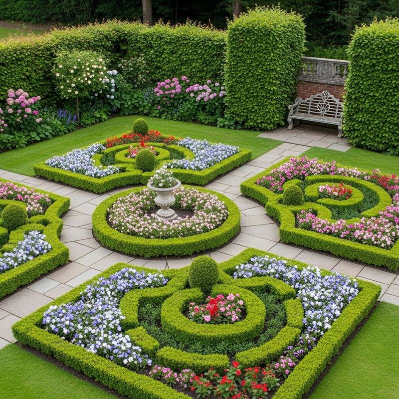Tranquil Parterre Garden with Geometrically Arranged Flower Beds