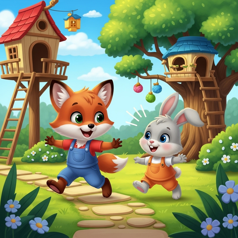 Playful Adventures of a Fox and Bunny Best Friends
