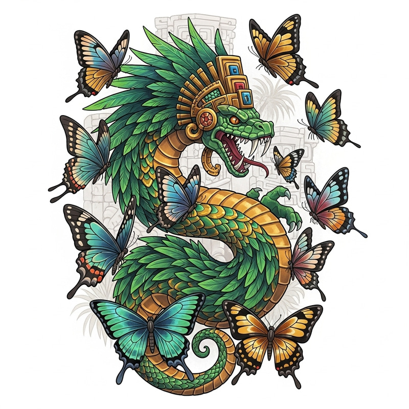Kukulkan with Butterflies Tattoo Design | Mayan Deity Ink Kukulkan with Butterflies Tattoo Design | Mayan Deity Ink