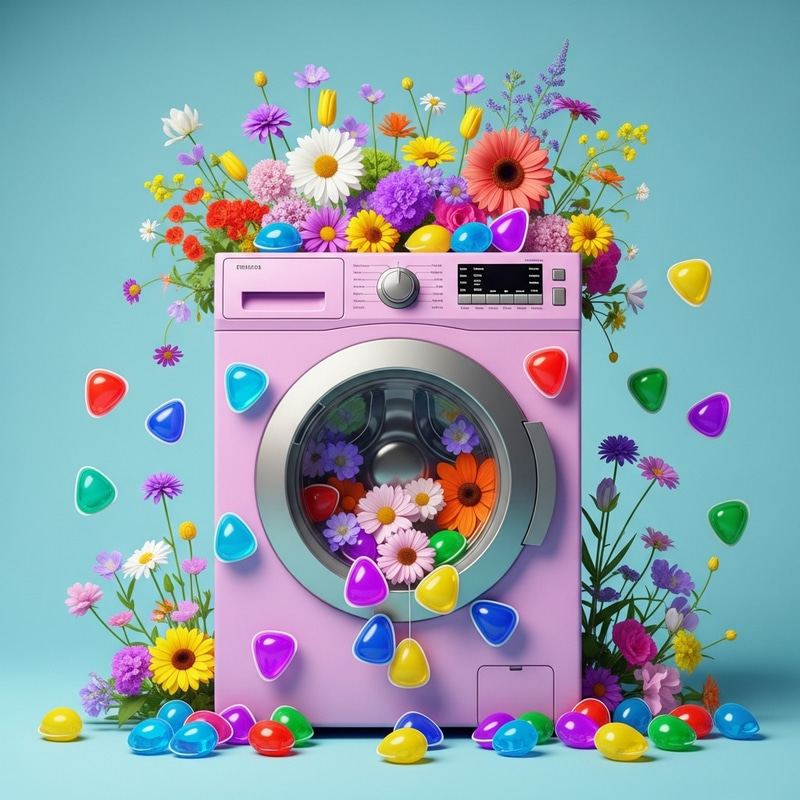Cheerful Washing Machine with Colorful Flowers and Laundry Capsules Cheerful Washing Machine with Colorful Flowers and Laundry Capsules
