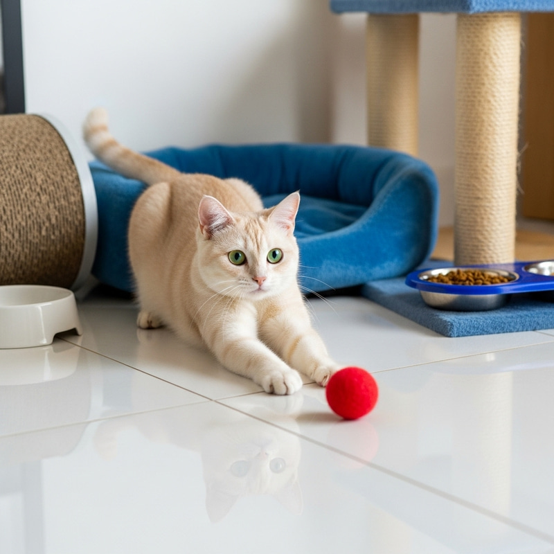 Agile Domestic Short-Haired Cat Playing in Modern Setting