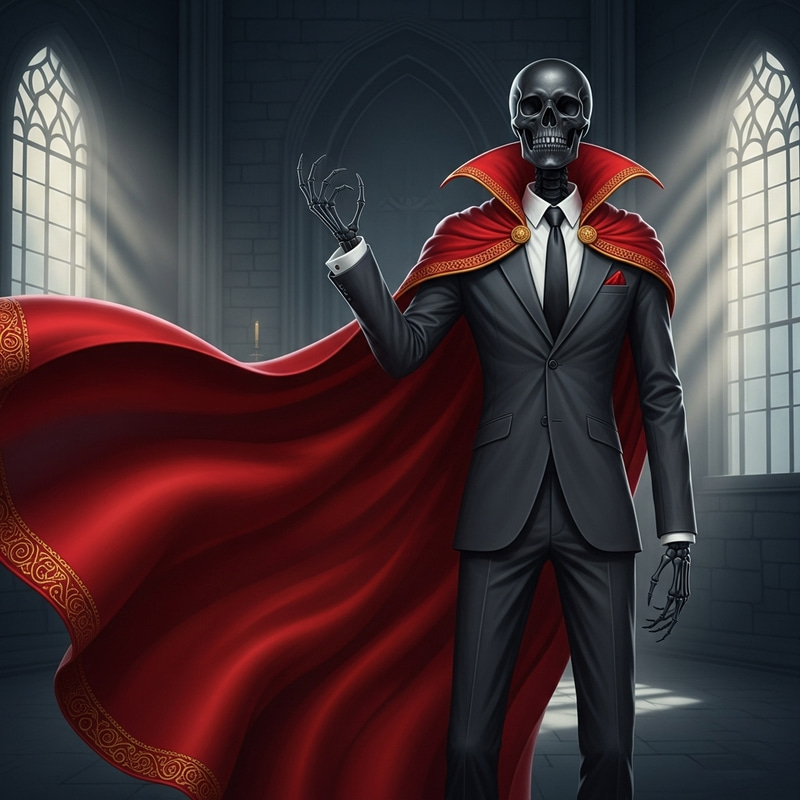Black Skeleton in Red Cape and Suit Art