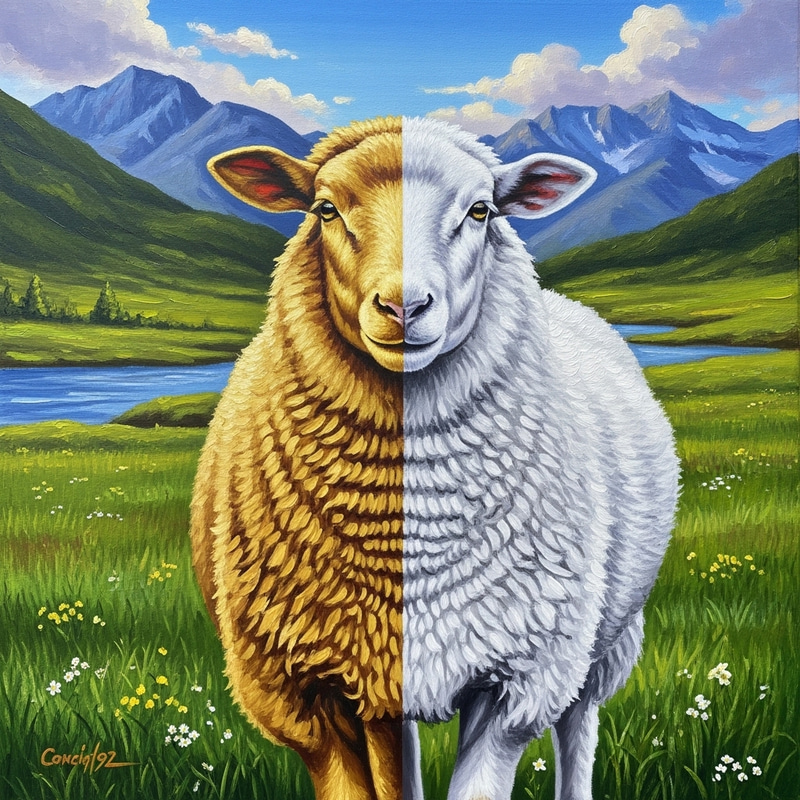 Golden and White Sheep Split Down the Middle in Stunning Landscape Golden and White Sheep Split Down the Middle in Stunning Landscape