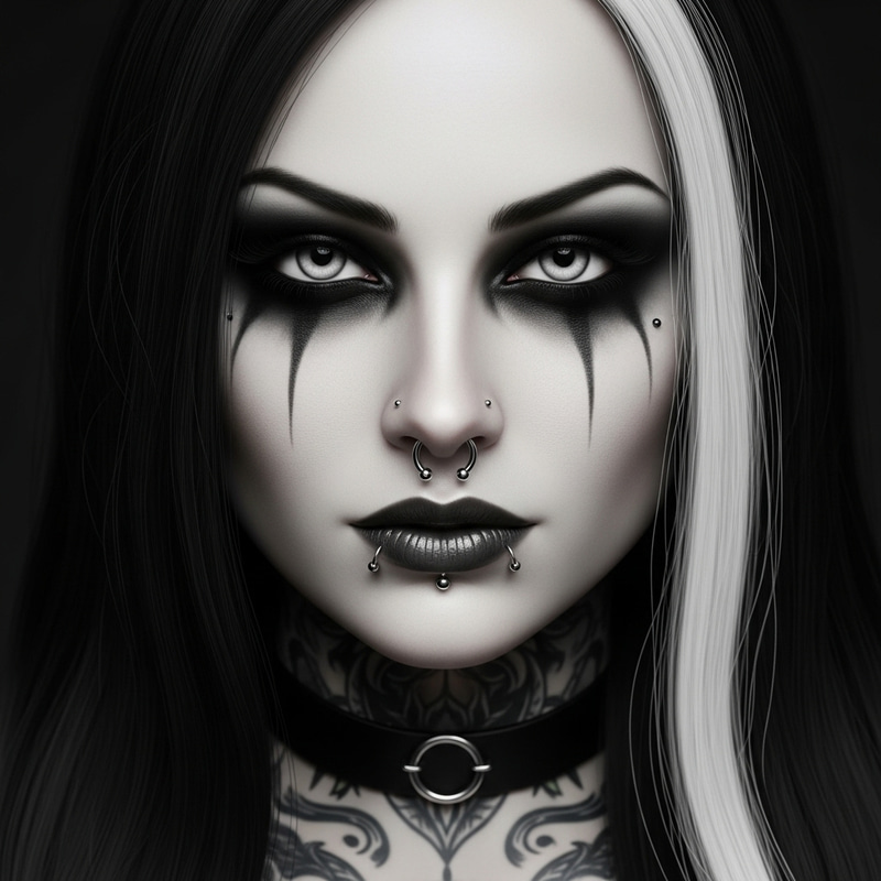 Stunning Gothic Woman with Almond Eyes, Smoky Shadow, and Jet Black Hair Stunning Gothic Woman with Almond Eyes, Smoky Shadow, and Jet Black Hair