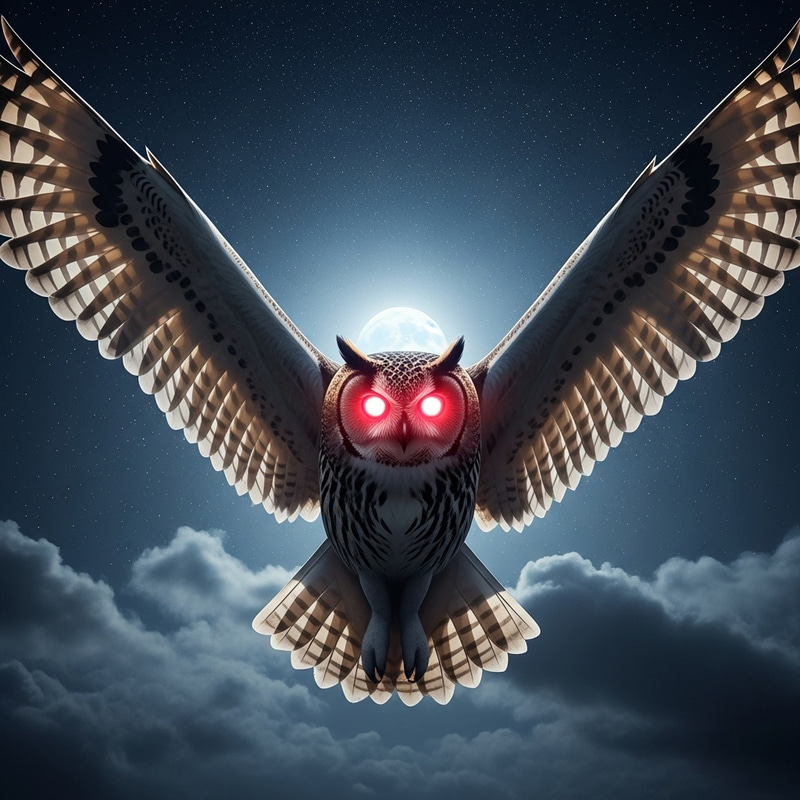 Majestic Owl with Glowing Infrared LED Eyes in Night Sky Majestic Owl with Glowing Infrared LED Eyes in Night Sky