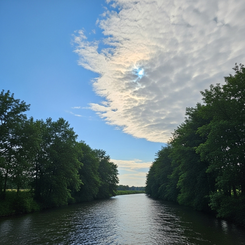 Tranquil River Landscape with Trees under Partly Cloudy Sky