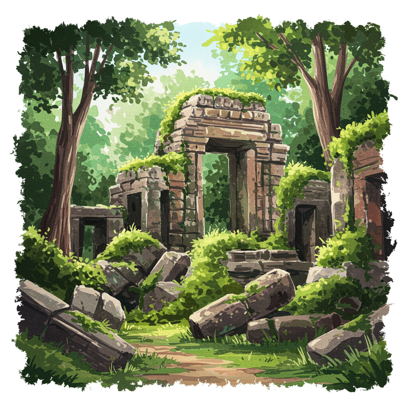 Mysterious Ancient Ruins in Lush Watercolor Style Mysterious Ancient Ruins in Lush Watercolor Style