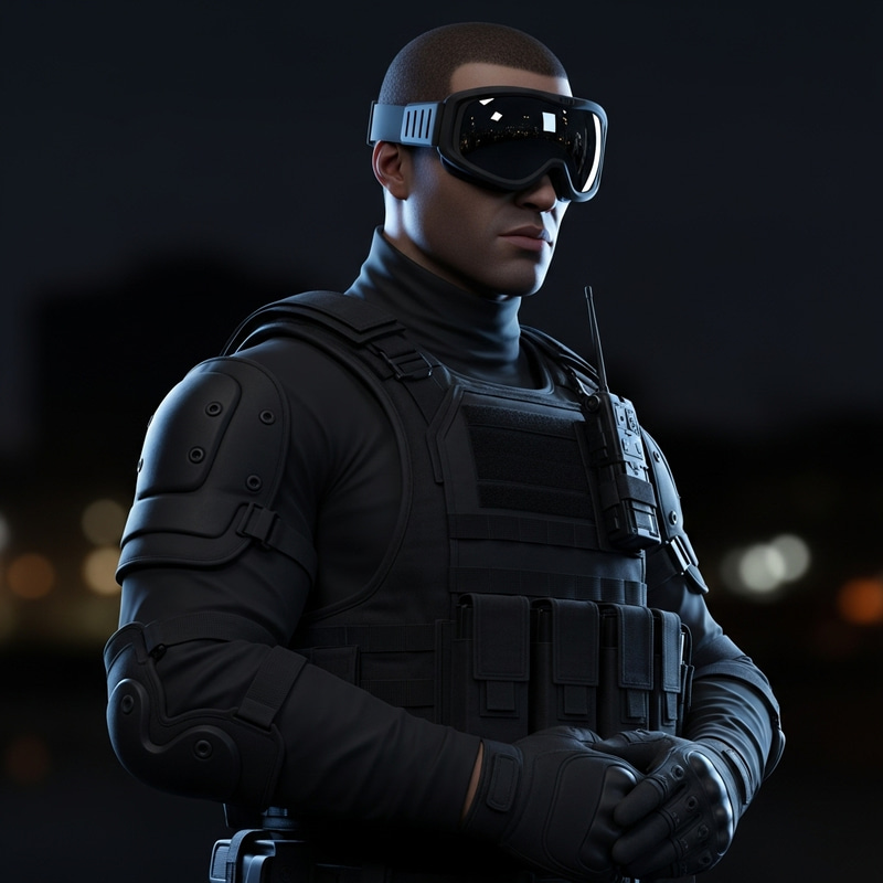 Black SWAT Team Member Equipped with Ski Goggles | 3D Rendering Black SWAT Team Member Equipped with Ski Goggles | 3D Rendering