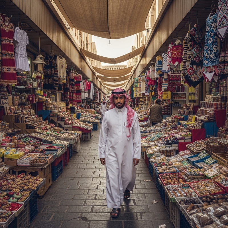 Saudi Arabian Man in Traditional Attire Amid Bustling Market