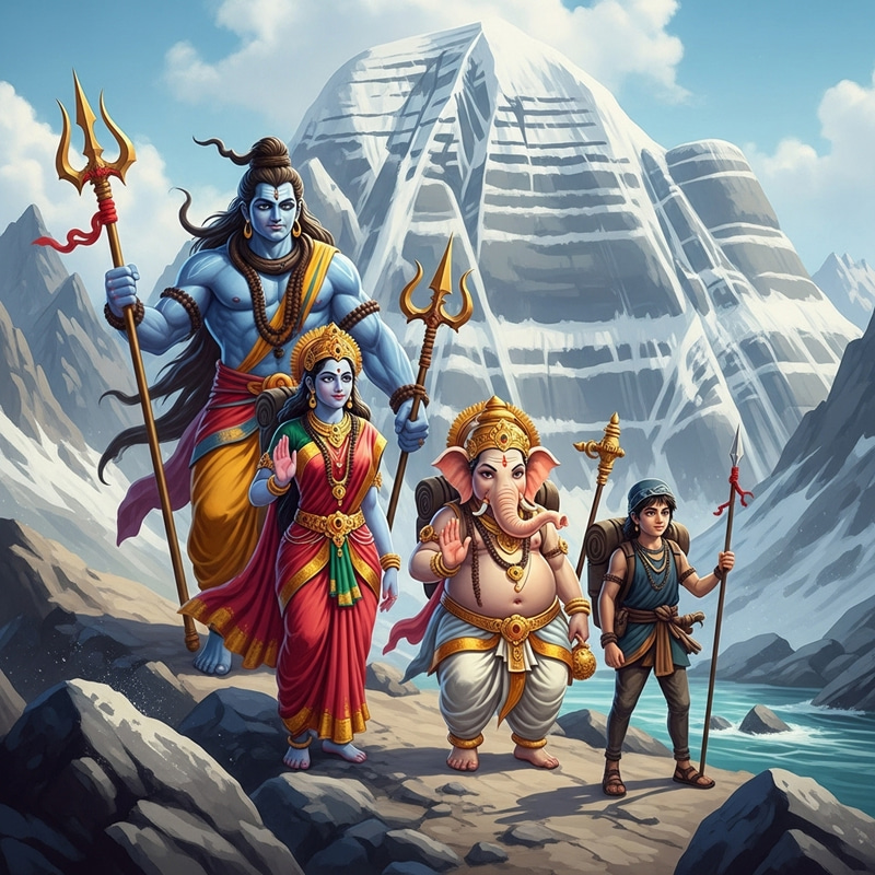 Family Adventure Quest in Kailash Mountains with Mythical Figures