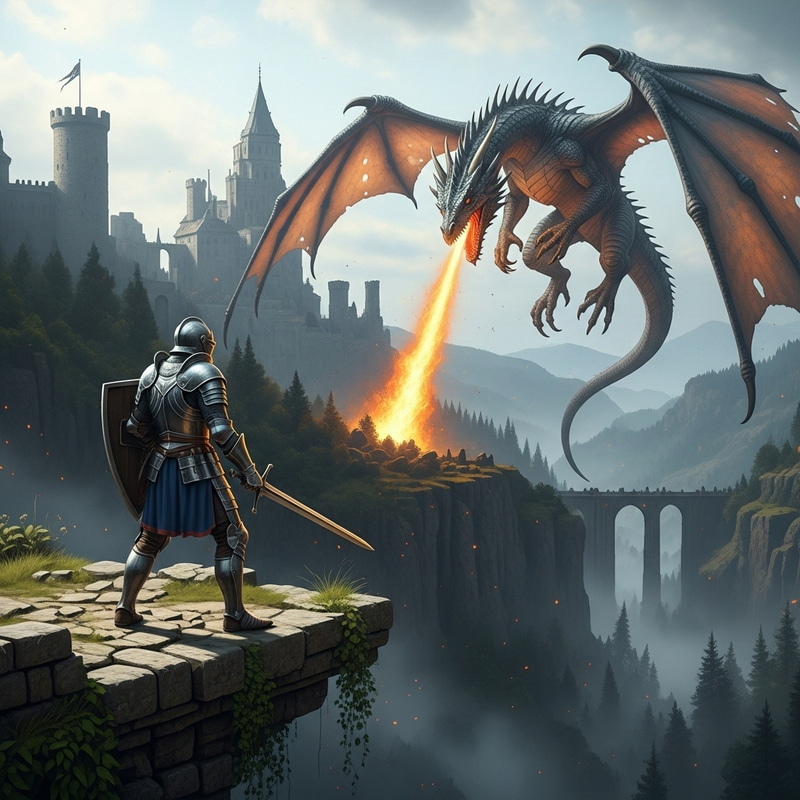 Epic Knight and Dragon Battle - Mystical Castle Scene with Fiery Ambiance Epic Knight and Dragon Battle - Mystical Castle Scene with Fiery Ambiance