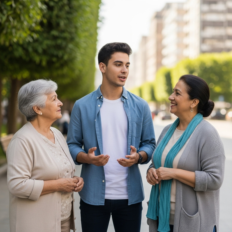 A Young Man with Two Elderly Women in a Park A Young Man with Two Elderly Women in a Park
