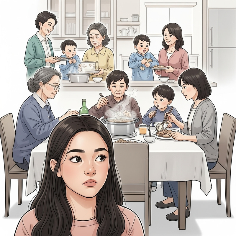 Detailed Asian Family Dinner Scene with Teenage Girl Distracted